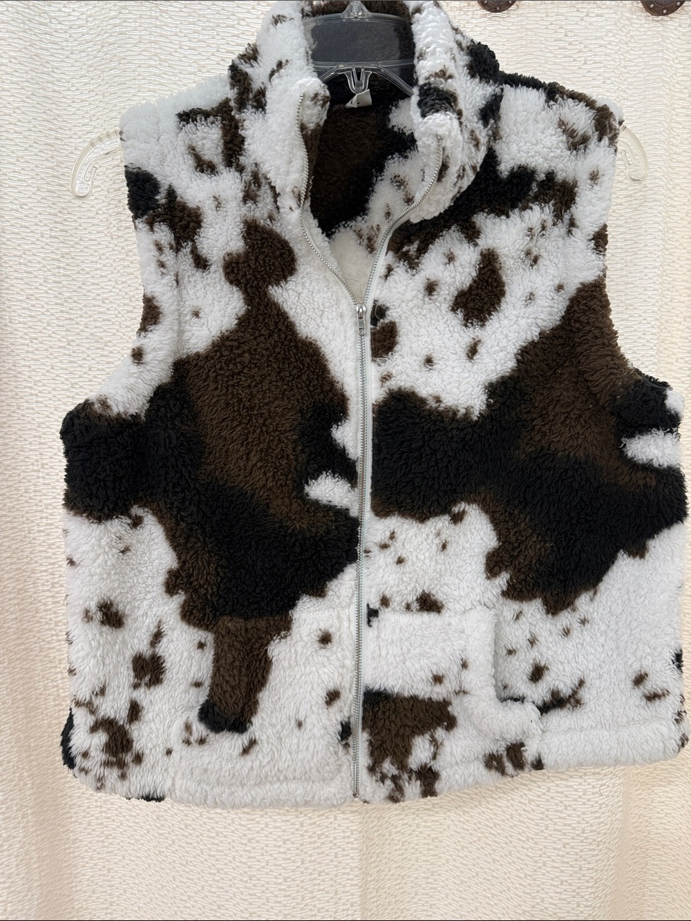 Faux Shearling Cow Print Zip Vest in White, Brown & Black